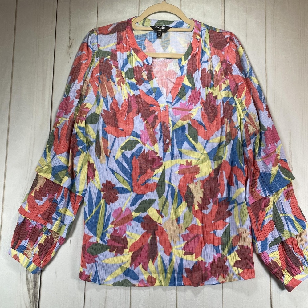 Nicole by Nicole Miller Shirt Womens XL Multi Floral Henley Ruffle Sleeve Boho